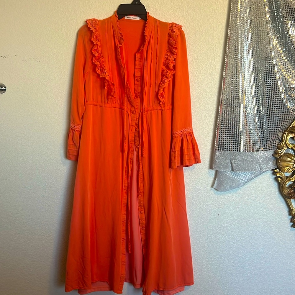 Woman’s Bisous project orange/coral button down dress with ruffle details